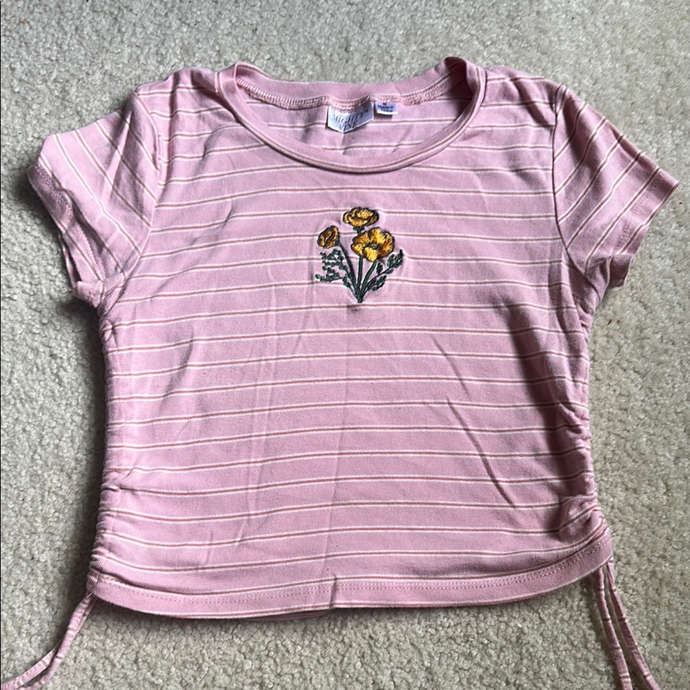 Pink Striped Shirt with Floral Embroidery